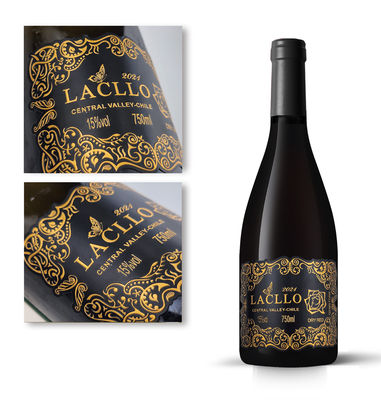 Étiquettes de bouteilles de vin rouge métalliques personnalisées avec gravure, estampage en feuille d'or et impression CMYK